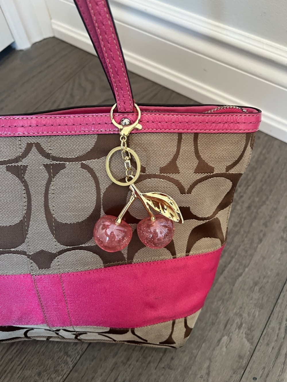 Coach Brown Logo Tote with Pink Trim and Cherry Charm - Picture 5 of 10